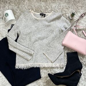 EUC Theory Tweed-Like Crewneck Blouse Fringe Detail M